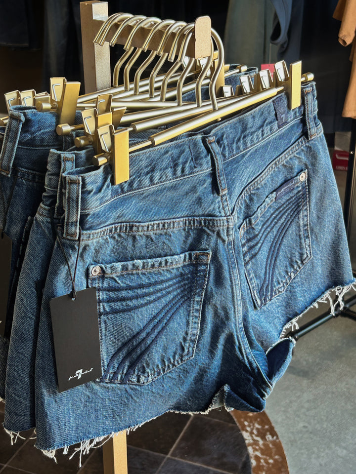 7 for All Mankind denim shorts, 7 For Mankind casual shorts with distressed details and classic five-pocket design.