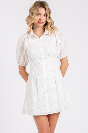 White Eyelet Collared Button Down Mini Dress with Puff Sleeves