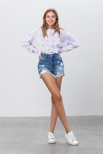 High Rise Distressed Denim Shorts with Raw Hem