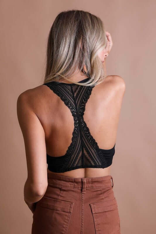 Leto Accessories seamless front lace racerback bralette with soft fabric and delicate lace details on a white background