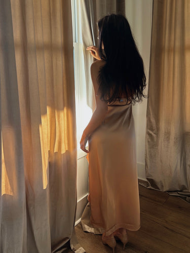 Champagne Satin Halter Ruffle Slit Hem Dress