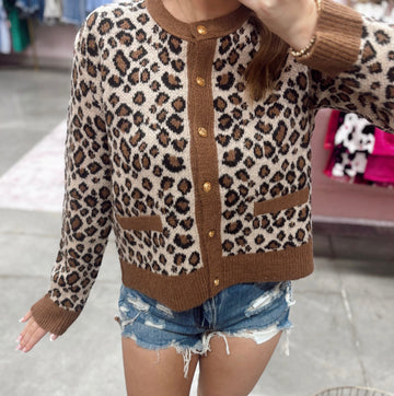 Leopard Pattern Button Down Round Neck Cardigan