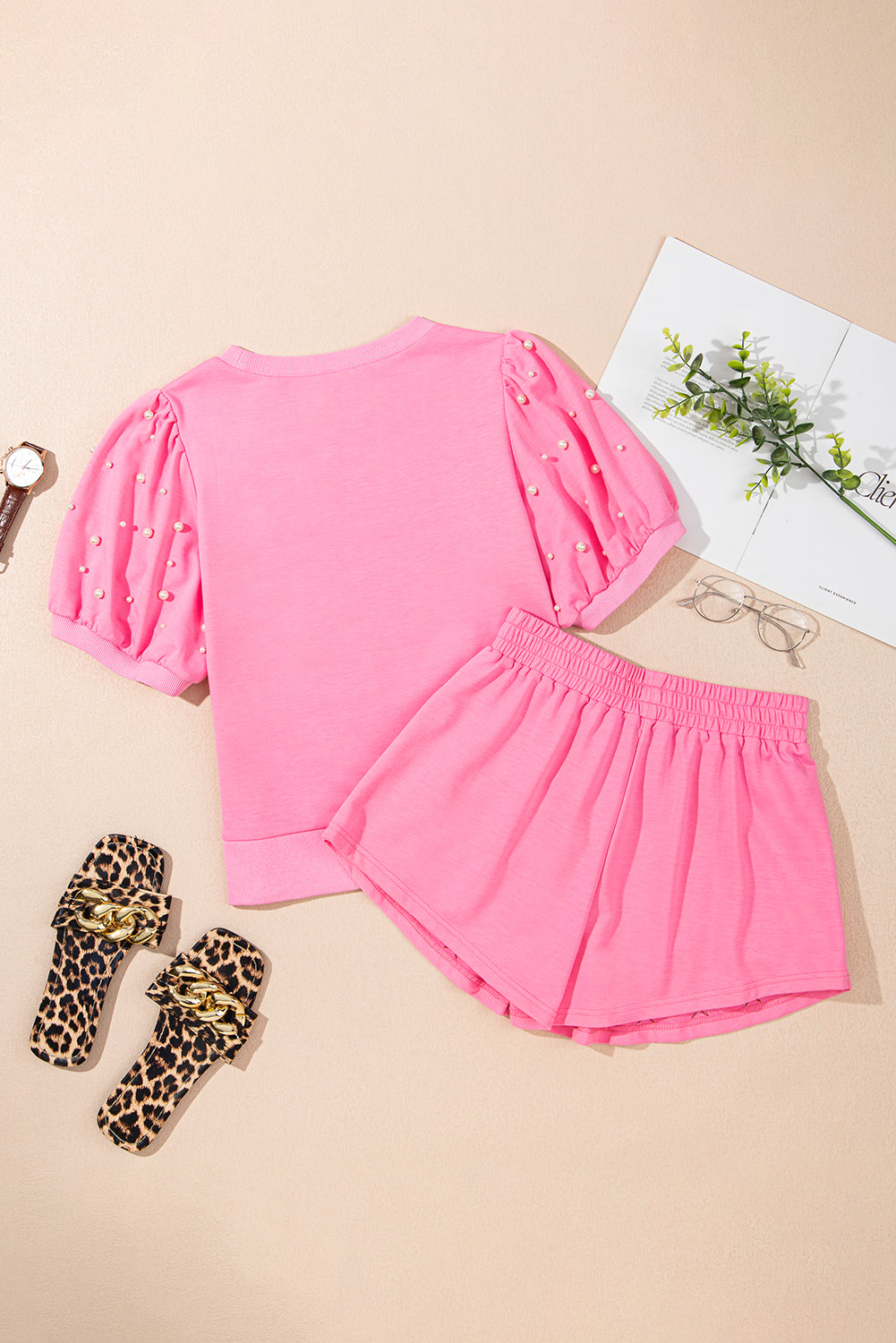 Pink Contrast Bow Trim Pearl Puff Sleeve Blouse and Skort 2pcs Set
