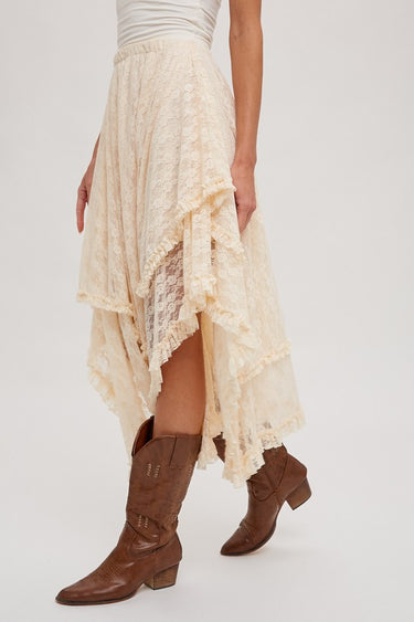 Cream lace ruffle midi skirt by blueivy featuring boho style, asymmetrical hem, and delicate lace details.