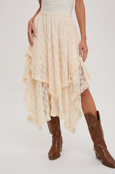 Cream lace ruffle midi skirt by blueivy featuring boho style, asymmetrical hem, and feminine lace detailing.