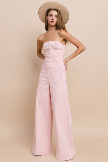 Blush Acid Wash Denim Jumpsuit – Strapless Wide-Leg Western Chic