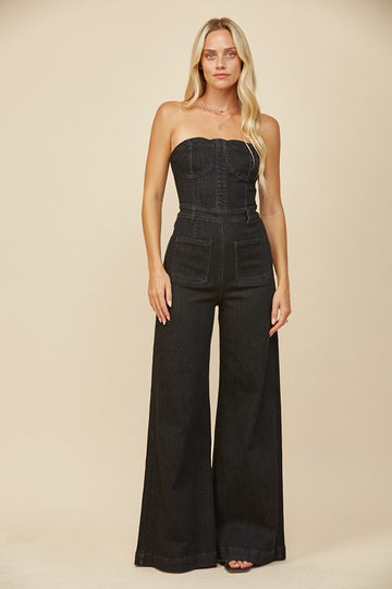 Off-Shoulder Bustier Denim Jumpsuit – Wide Leg Stretch Western Chic