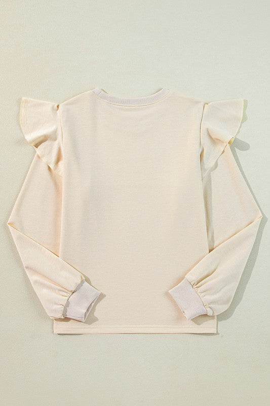 Women Solid Color Ruffled Long Sleeve Blouse