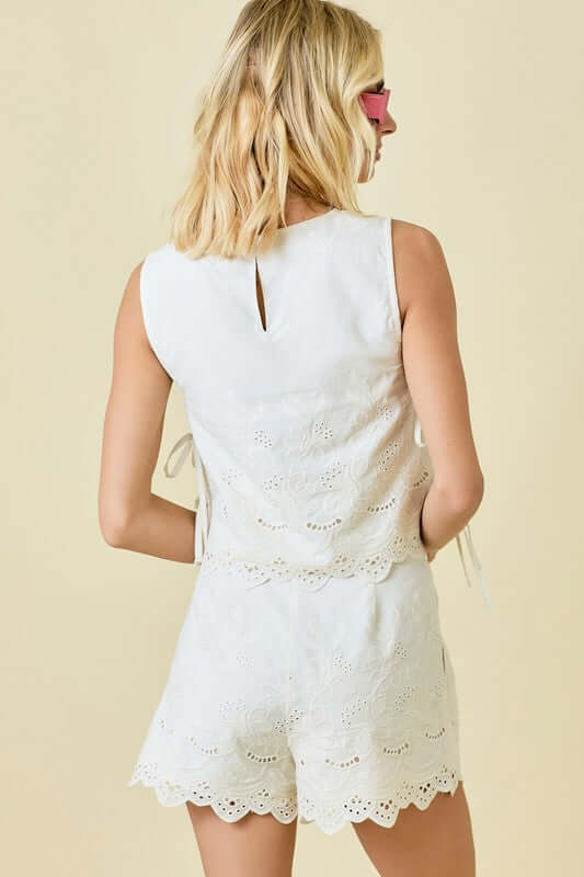 Linen embroidered two-piece set by Day + Moon featuring a relaxed fit, intricate embroidery, and lightweight breathable fabric.