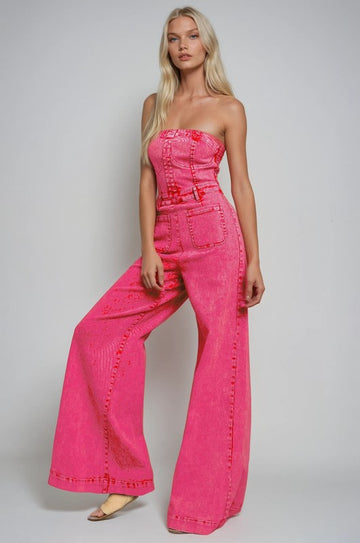 Deep Pink Western Tube Denim Jumpsuit – Wide Leg Mineral Wash Boho Babe