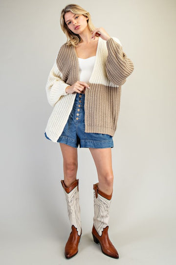 Color Block Chunky Knit Open Cardigan – Taupe & Ivory