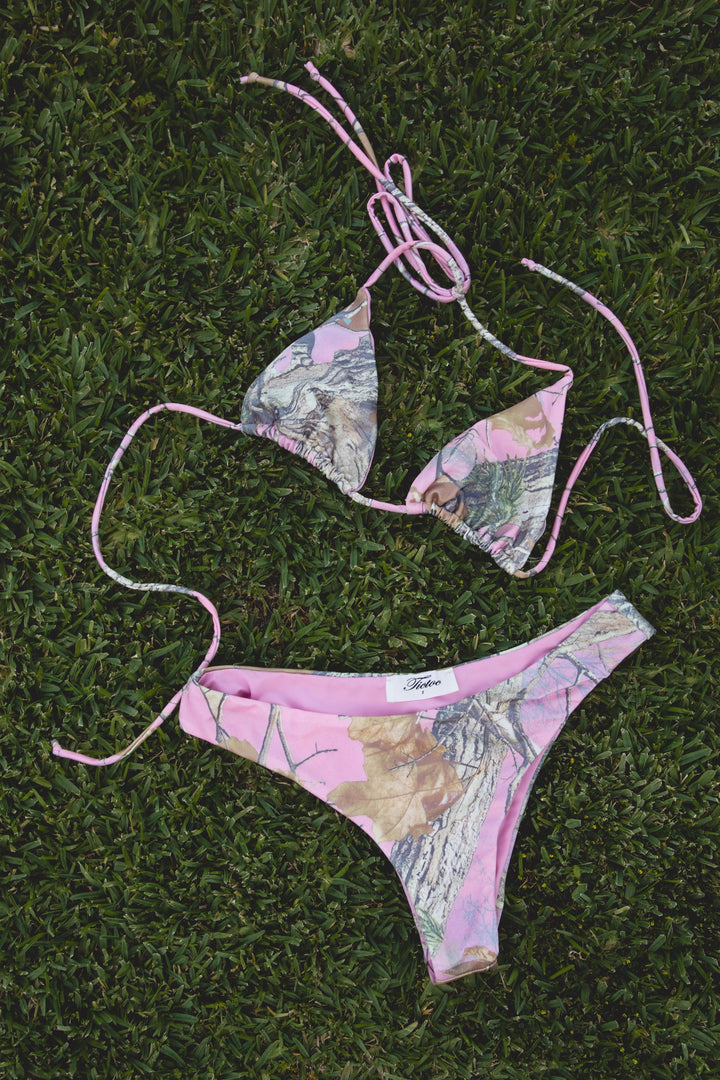 TICTOC Daniela Camo Bikini Set swimwear featuring a camo pattern, triangle top and matching bottoms on model.