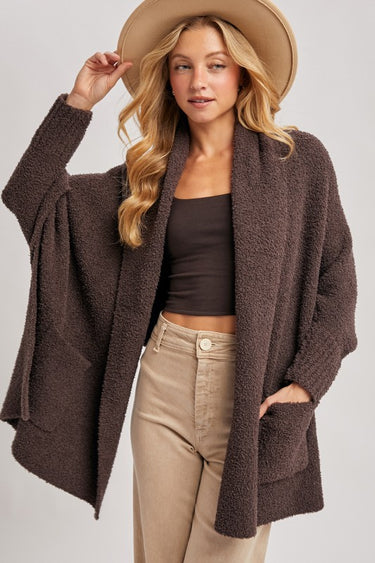 Blueivy Espresso Boucle Blanket Wrap Cardigan, oversized Western-style short sleeve sweater in cozy boucle fabric.
