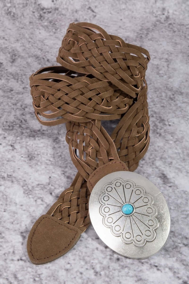 Western braided concho vegan leather belt with metal buckle by Fame Accessories, showcasing intricate braided design and concho details.