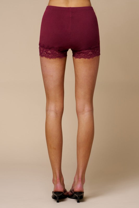 Gray and burgundy ribbed lace trim boyshort shorts from Blue Blush, soft lounge shorts styled as mini dresses.