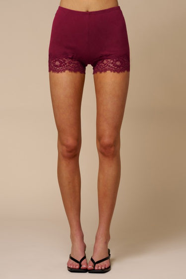 Ribbed Lace Trim Boyshort Shorts | Soft Lounge Shorts | Gray & Burgundy