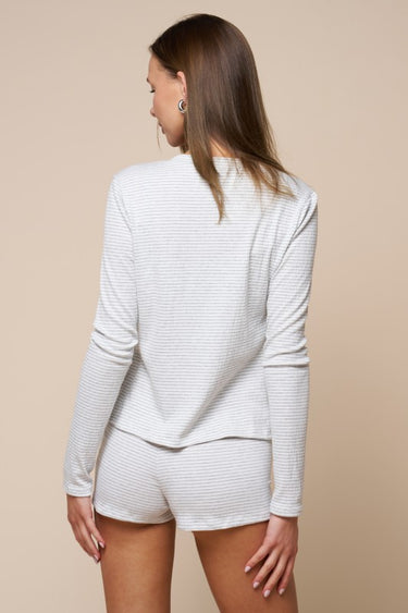 Blue Blush Cozy Days 3-piece stripe lounge set with cardigan, tank top, and shorts, perfect for comfortable home wear.