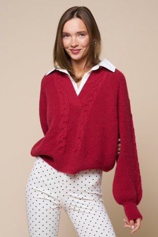 Blue Blush Hadley contrast collar cable knit sweater in burgundy, featuring a stylish collar and textured knit pattern.