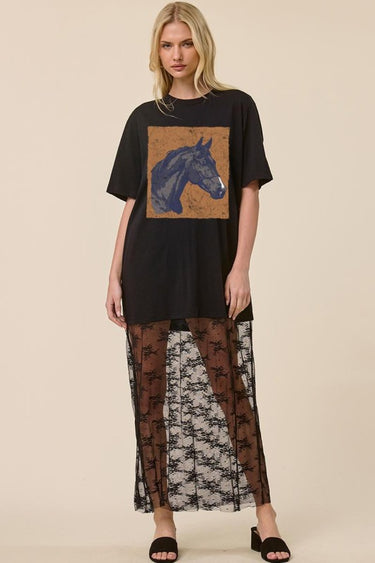 Zutter vintage horse graphic lace maxi T-shirt dress featuring western black design and casual fit, ideal for boho style.