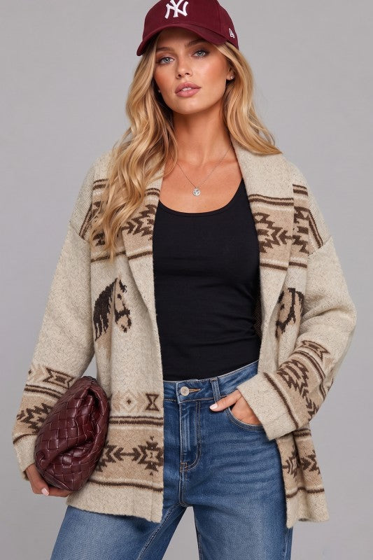 Wild Horses Southwestern cardigan by VERY J, short sleeve sweater with colorful southwestern print and button closure.