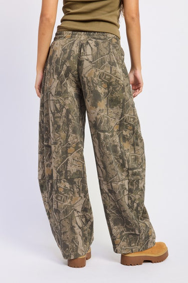Emory Park Woodland Camo Barrel Leg Drawstring Pants showing adjustable waistband and camouflage pattern fabric.