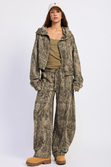 Emory Park high neck zip-up camo jacket with front zipper and fitted design, shown in a close-up view.