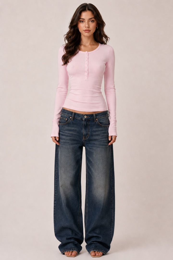 Fitted Long Sleeve Henley Top – Scoop Neck Button Front Layering Tee