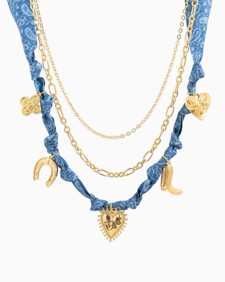 Sessori 3-layered Western denim bandana scarf necklace with layered fabric and metal clasp, stylish accessory for casual outfits.