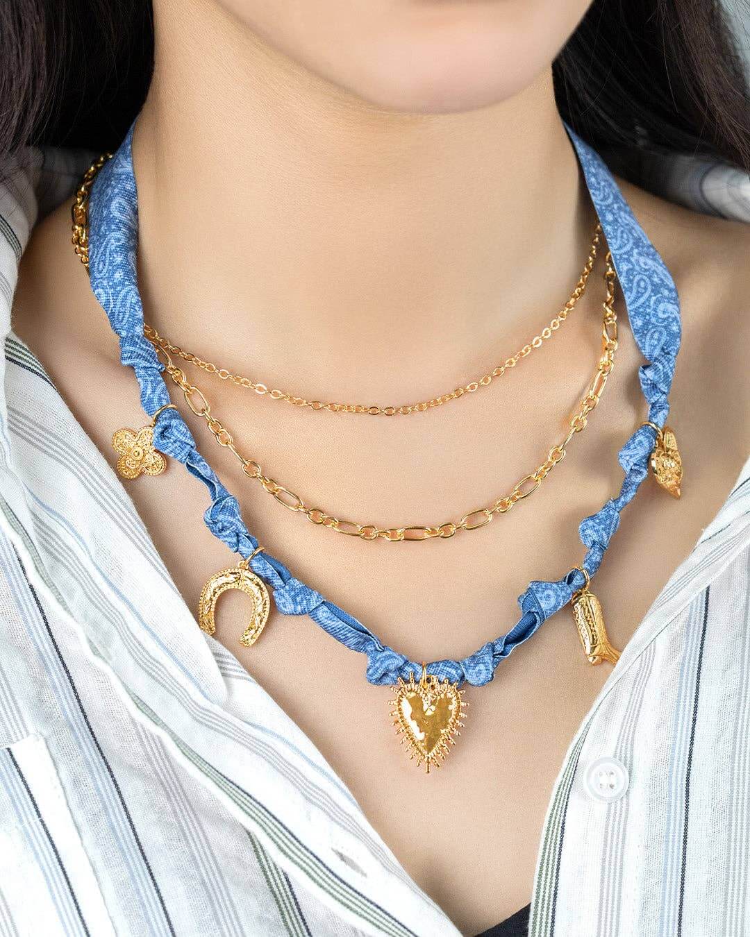 Sessori 3-layered Western denim bandana scarf necklace with layered fabric and classic Western style accessory.