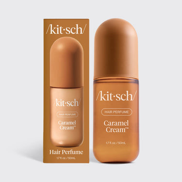 KITSCH Caramel Cream Hair and Body Perfume Mist bottle with a gold spray cap and caramel-colored label.