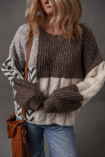 LDC Color Block Patchwork Knotted Back Loose Fit Sweater