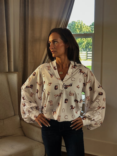 Cream Western Toile print balloon sleeve blouse by Vine and Love with cowgirl chic design and stylish puffed sleeves.