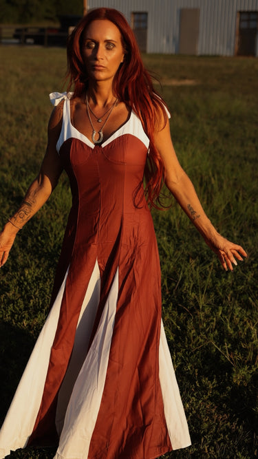Brown and ivory contrast tie-shoulder maxi dress by Sunday Up, featuring a flowing silhouette and stylish shoulder ties.