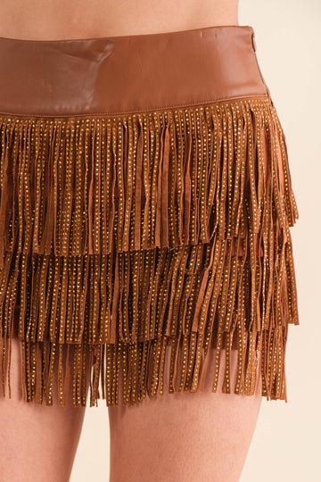 Wide Faux Leather Waist Tiered Fringe Studded Short