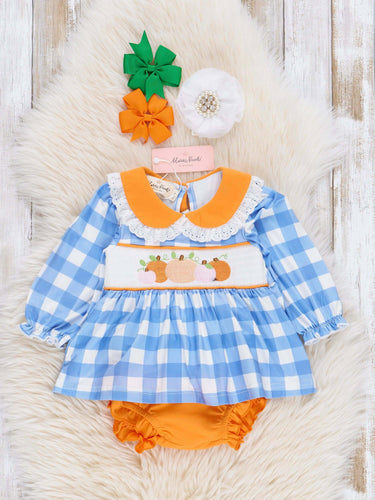 Blue Plaid & Pumpkin Smocked Bloomers Outfit - Cowgirl Charm