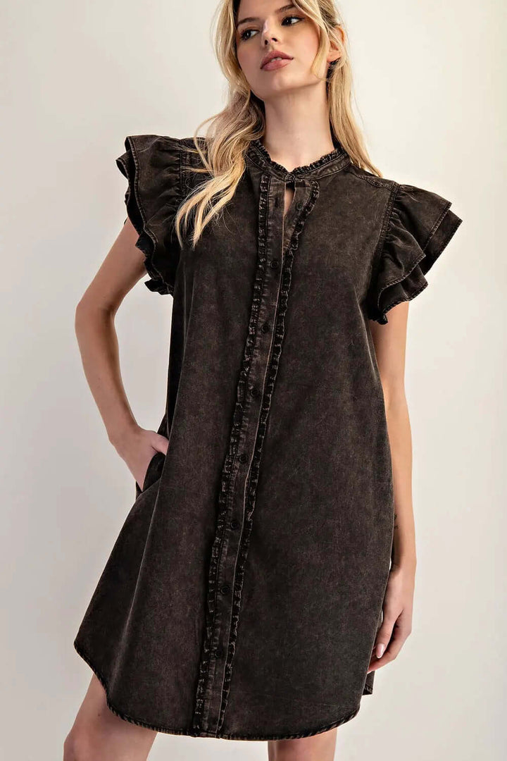 Light blue ee:some Snow Washed button-down mini dress with long sleeves and a relaxed fit, displayed on a hanger.