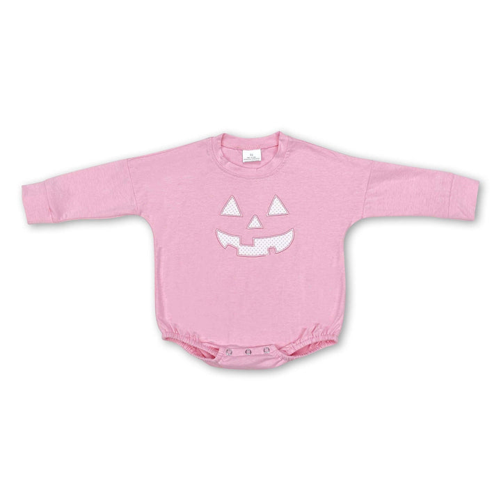 Pink long sleeve pumpkin Halloween romper for baby girls by Yawoo Garments, featuring cute pumpkin design for kids and baby wear.