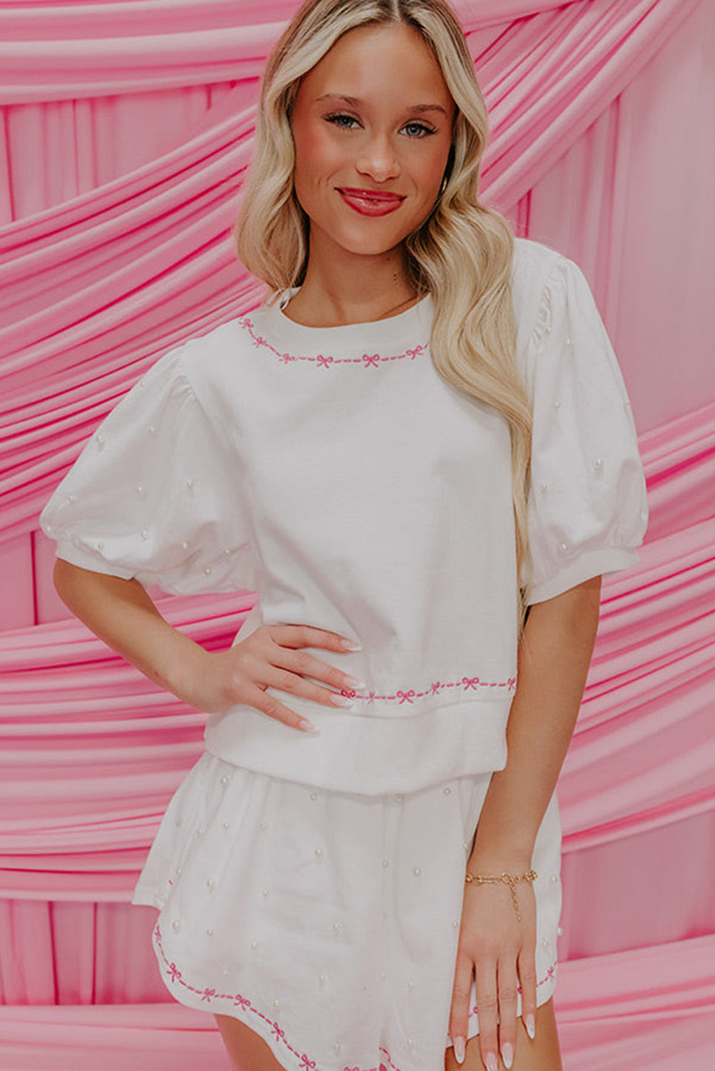 White Contrast Bow Trim Pearl Puff Sleeve Blouse and Skort 2pcs Set