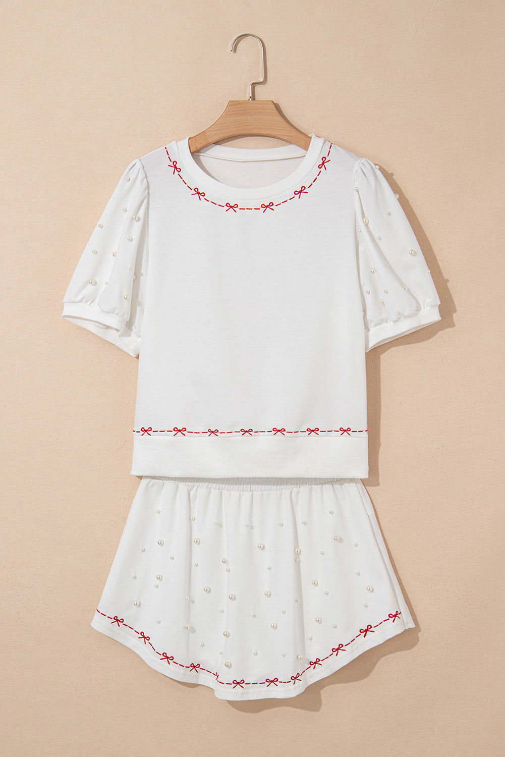 White Contrast Bow Trim Pearl Puff Sleeve Blouse and Skort 2pcs Set
