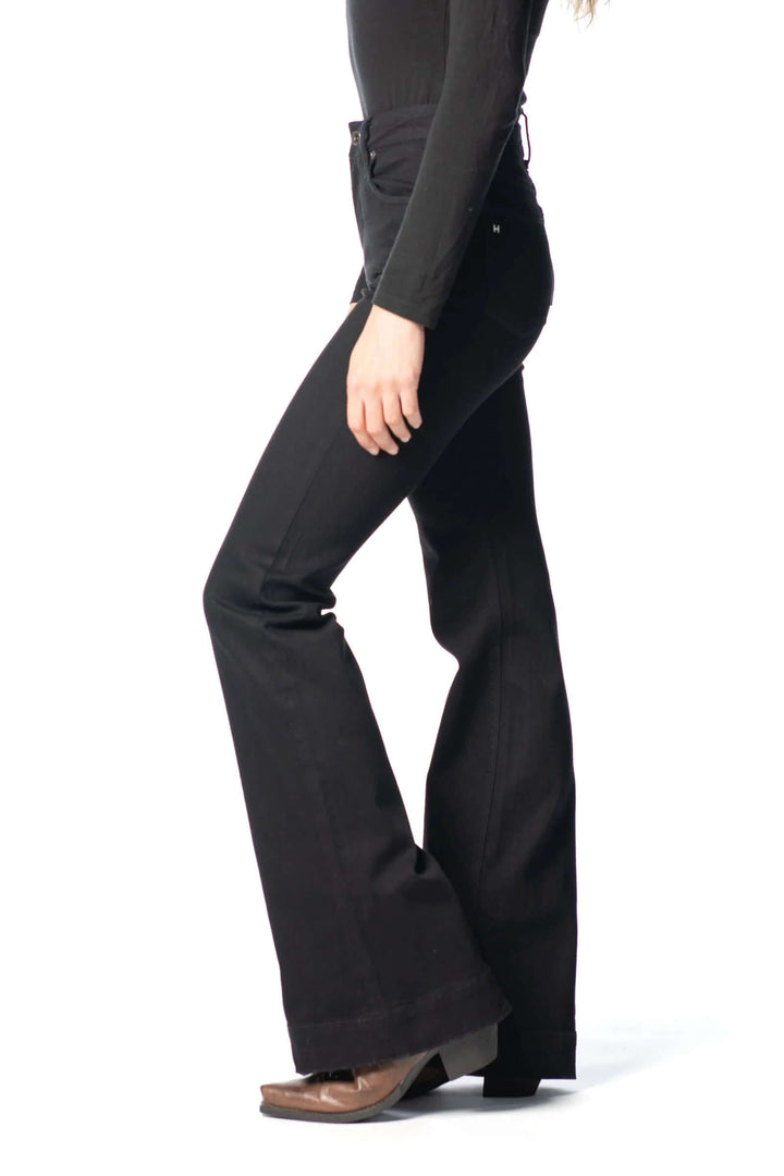 Black Haala Denim Bella flare trousers with black stitching, showcasing the stylish and comfortable denim design.