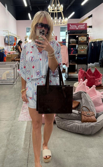 Striped Americana Button Up Top With Shorts