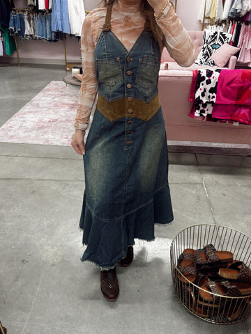 Contrast Waist Denim Halter Midi Dress