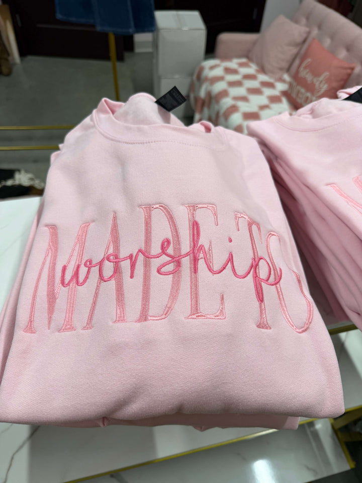 Made To Worship sweatshirt by Dash Forward Wholesale, front view showing soft fabric and stylish design.