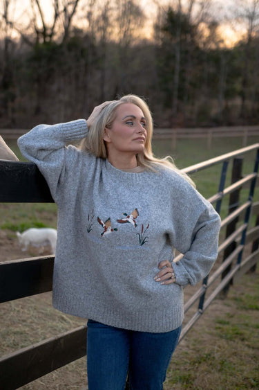 Bailey Rose Grey Embroidered Duck Knit Sweater, a stylish tops item featuring embroidered duck design and cozy knit fabric.