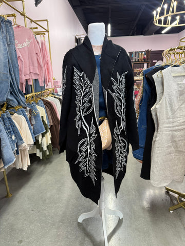 Black Western Embroidered Open Front Cardigan