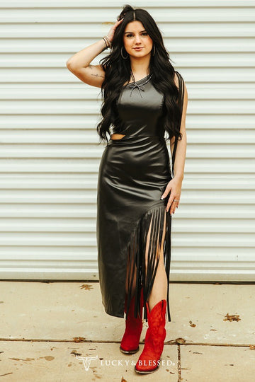Black Leather Side Fringe Dress W Cut Out Waist