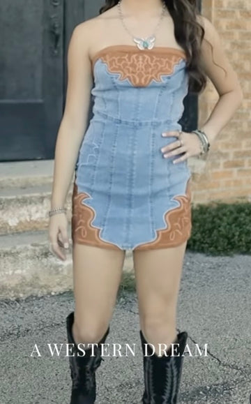 Denim Dress with Suede Embroidery Details