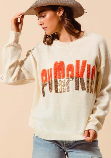Contrast Sequin Pumpkin Sweater - Cowgirl Charm