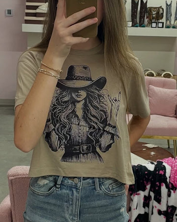 Cowgirl Cropped Graphic T-Shirt Beige