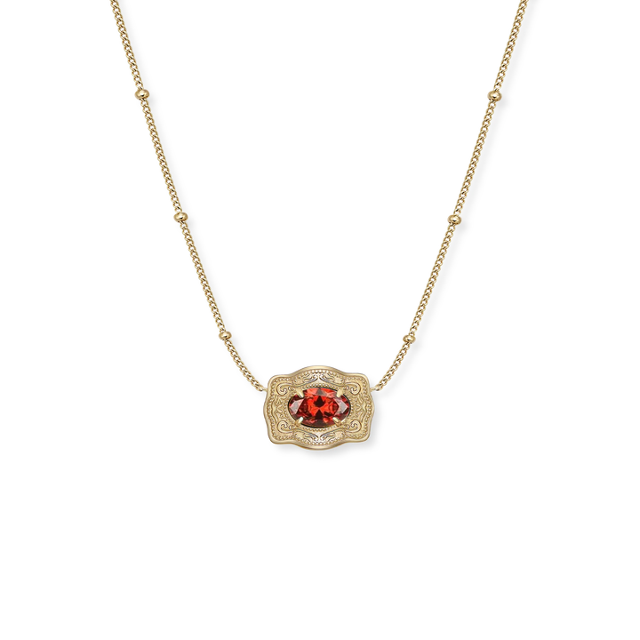 Spurwest Ultra Mini Belt Buckle Birthstone Necklace featuring a January garnet gemstone on a delicate chain.